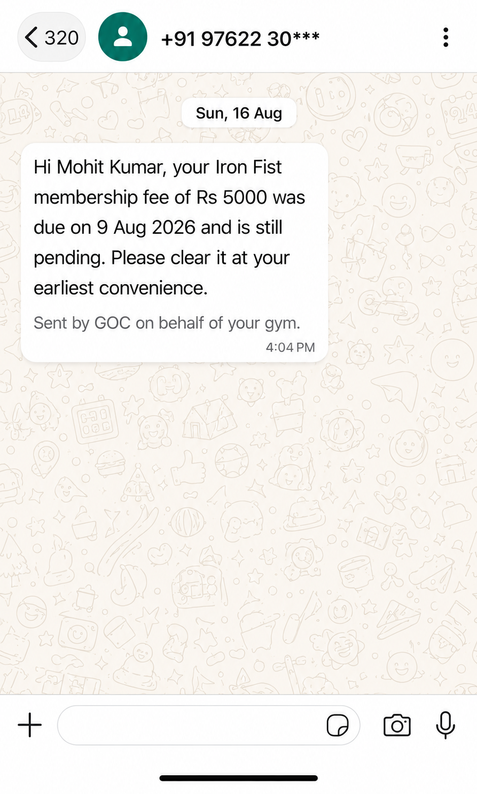 A GOC fee reminder received in WhatsApp